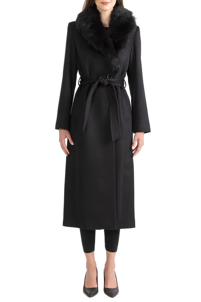 Wool & Cashmere Longline Coat with Genuine Shearling Trim, Main, color, 001BLK