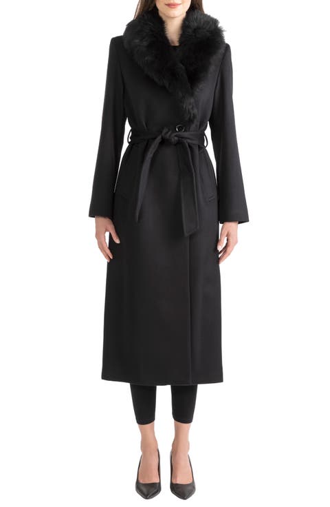 Wool & Cashmere Longline Coat with Genuine Shearling Trim