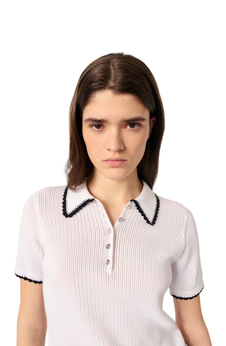 maje Pointelle knit crochet polo shirt, Alternate, color, White / Black