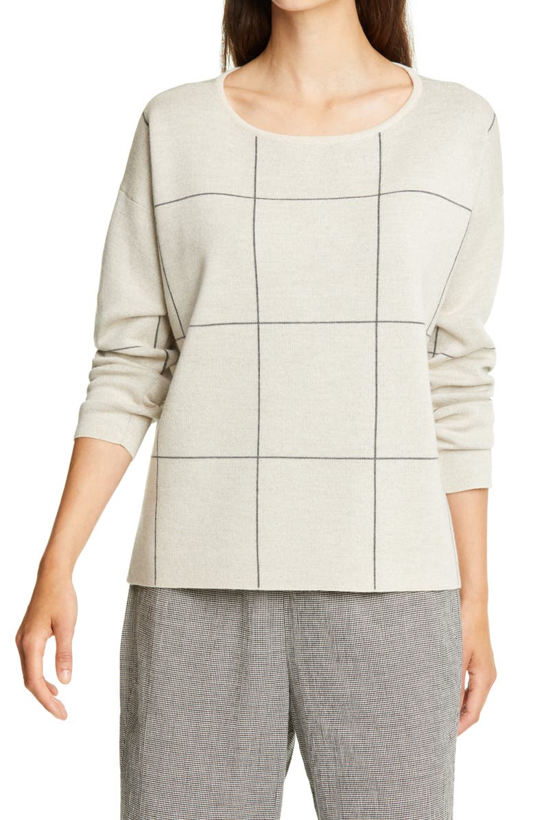 Eileen Fisher Windowpane Check Merino Wool Sweater, Main, color, 