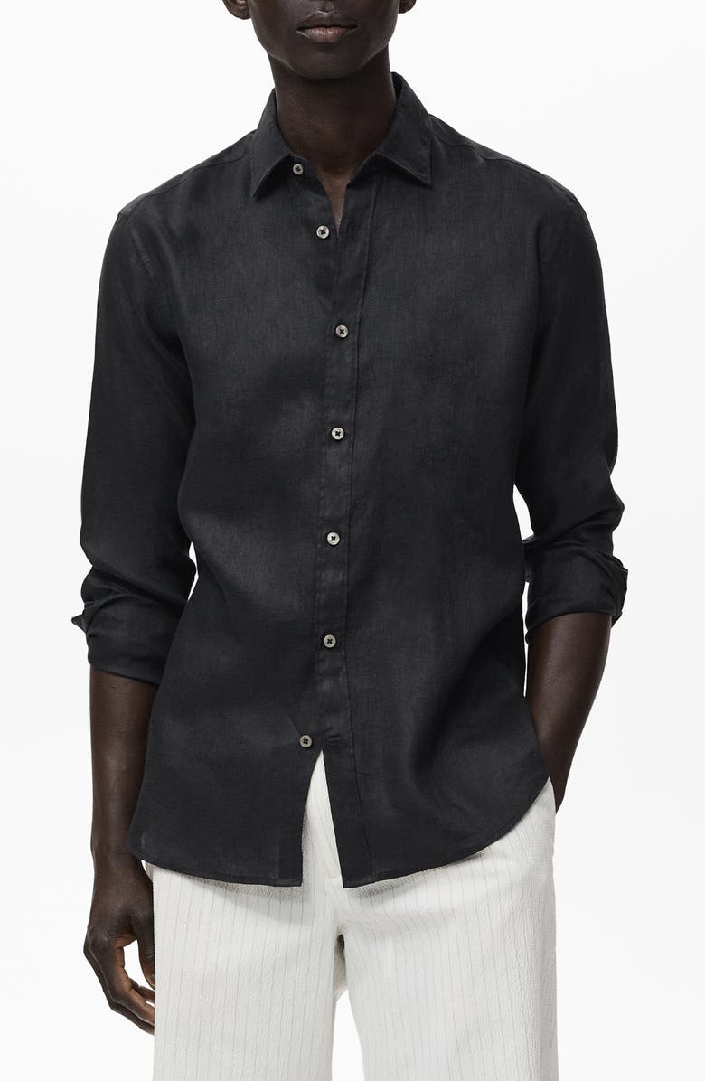 MANGO Classic Fit Linen Button-Up Shirt, Main, color, Black