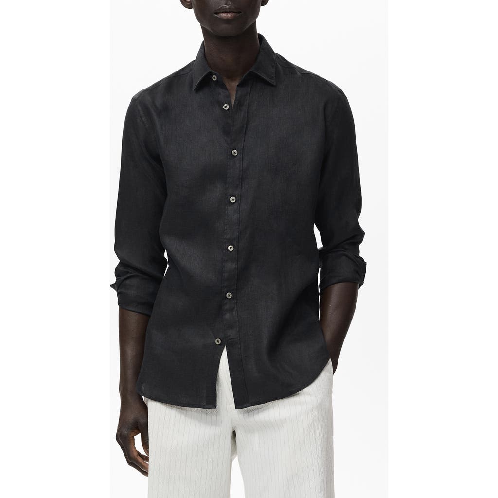 Mango Classic Fit Linen Button-up Shirt In Black