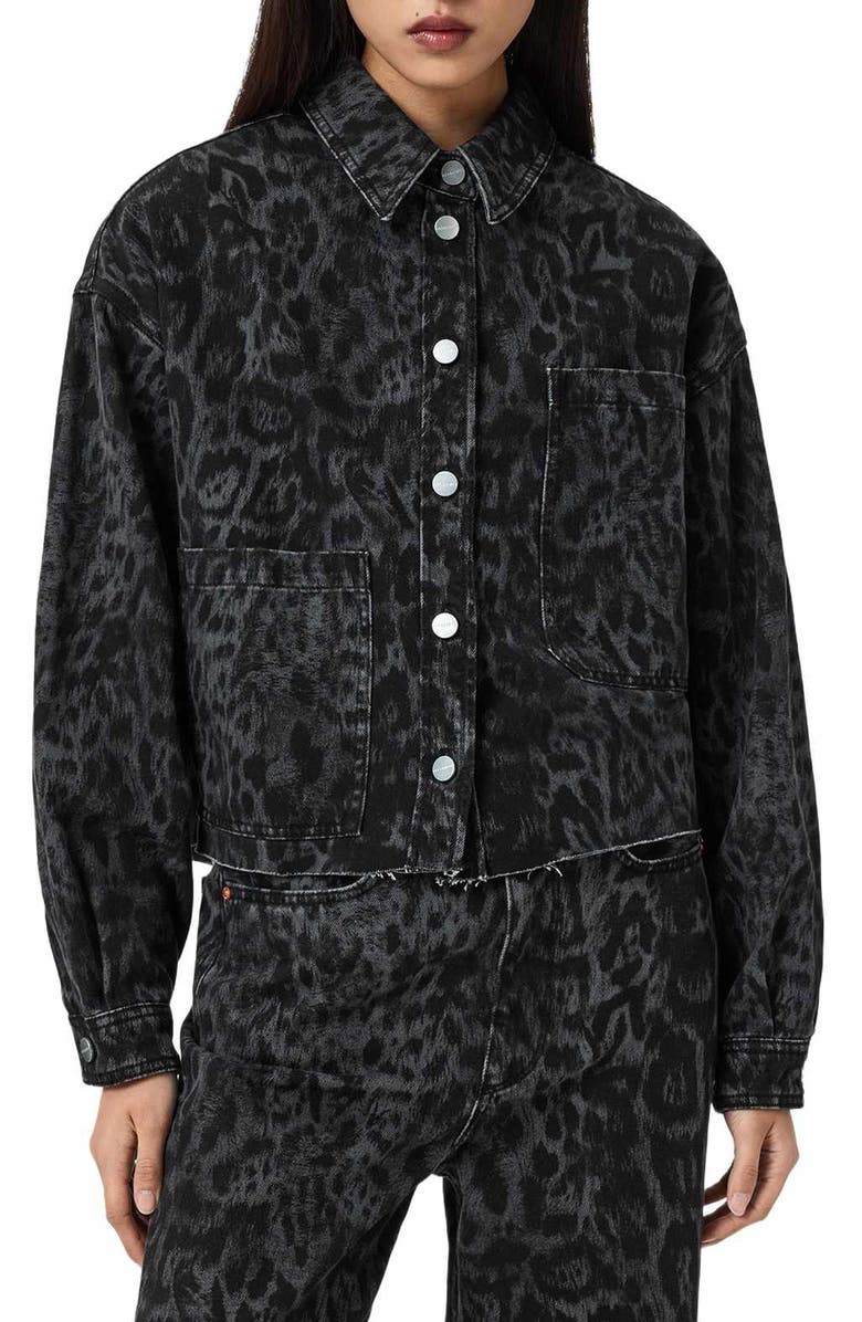 AllSaints Leopard Denim Jacket, Main, color, Leppo Black