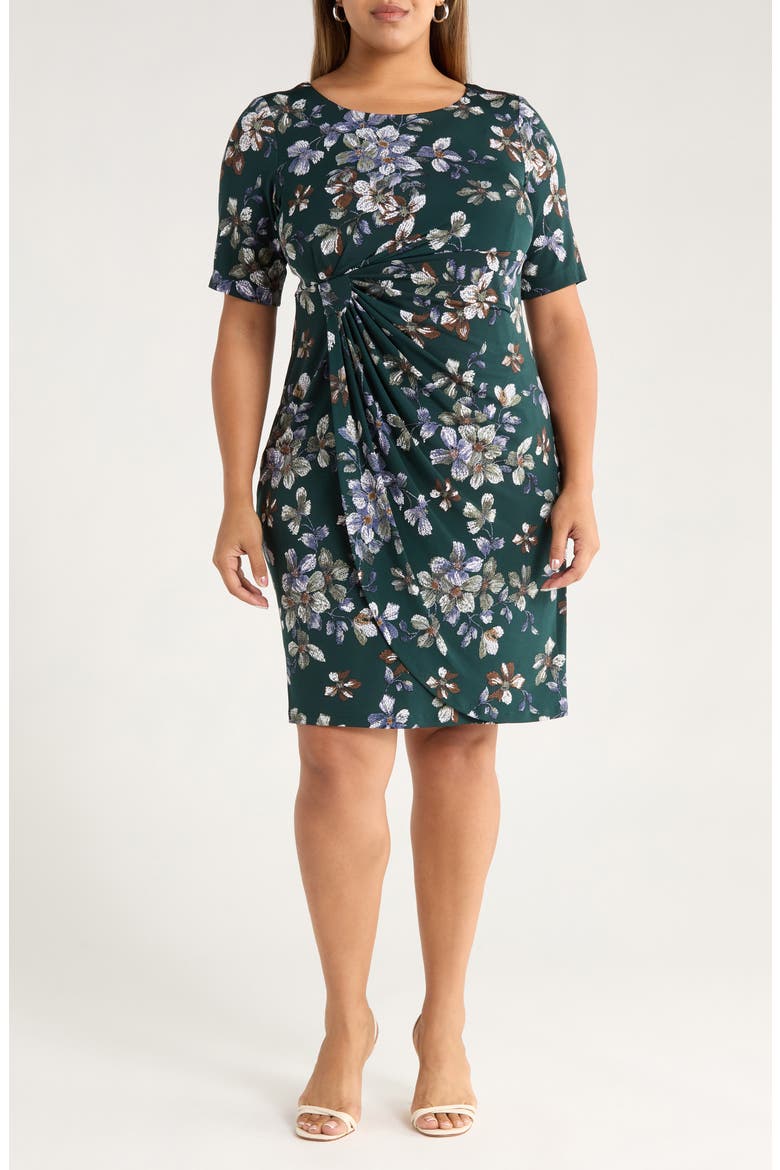 Floral Side Ruched Knit Dress, Main, color, HUNTER