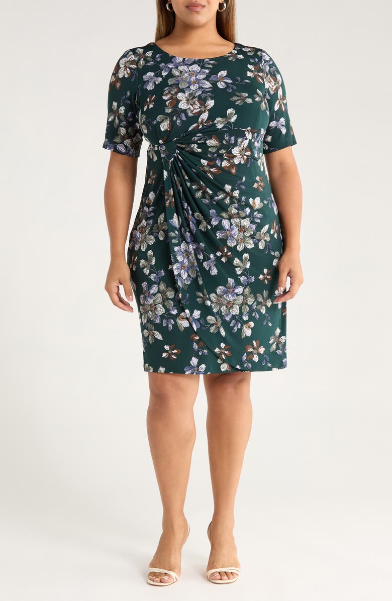 Connected Apparel Floral Side Ruched Knit Dress, Main, color, Hunter