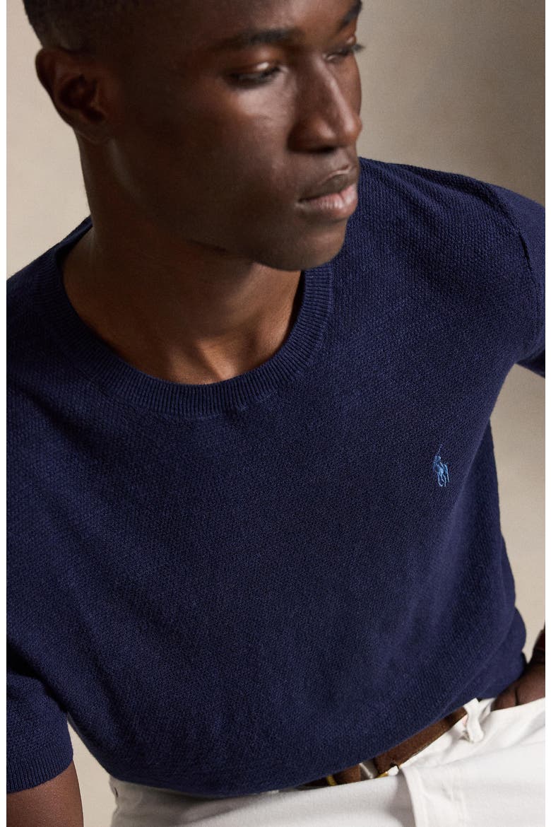 Cotton & Linen Piqué Short Sleeve Sweater, Alternate, color, BRIGHT NAVY
