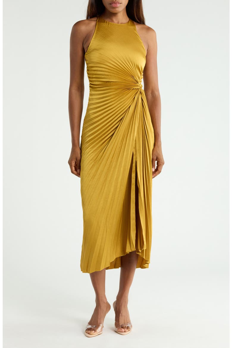 Reagan Asymmetric Pleat Dress, Main, color, AGED BRONZE