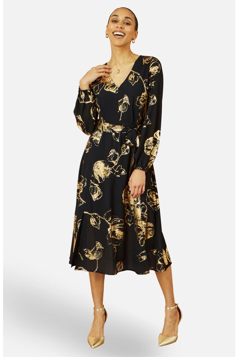 Foil Rose Print Midi Dress, Alternate, color, Black