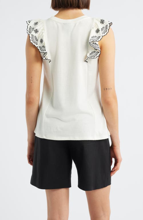 Bobeau Embroidered Ruffle Cuff Top In White