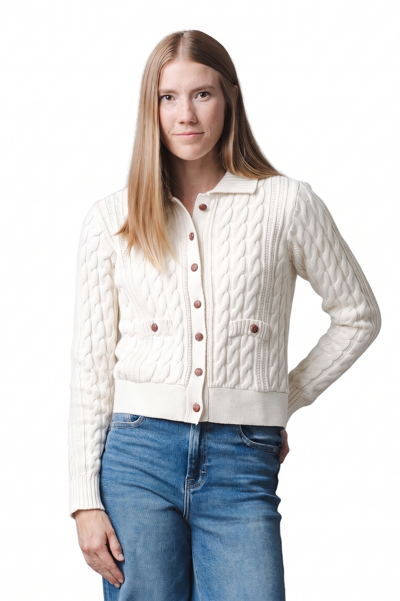 Women's Organic Cotton Cable Knit Collared Cardigan, Main, color, Ivory Cable