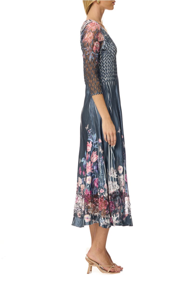 Floral Charmuese Dress with Lace Sleeves, Alternate, color, Florenza