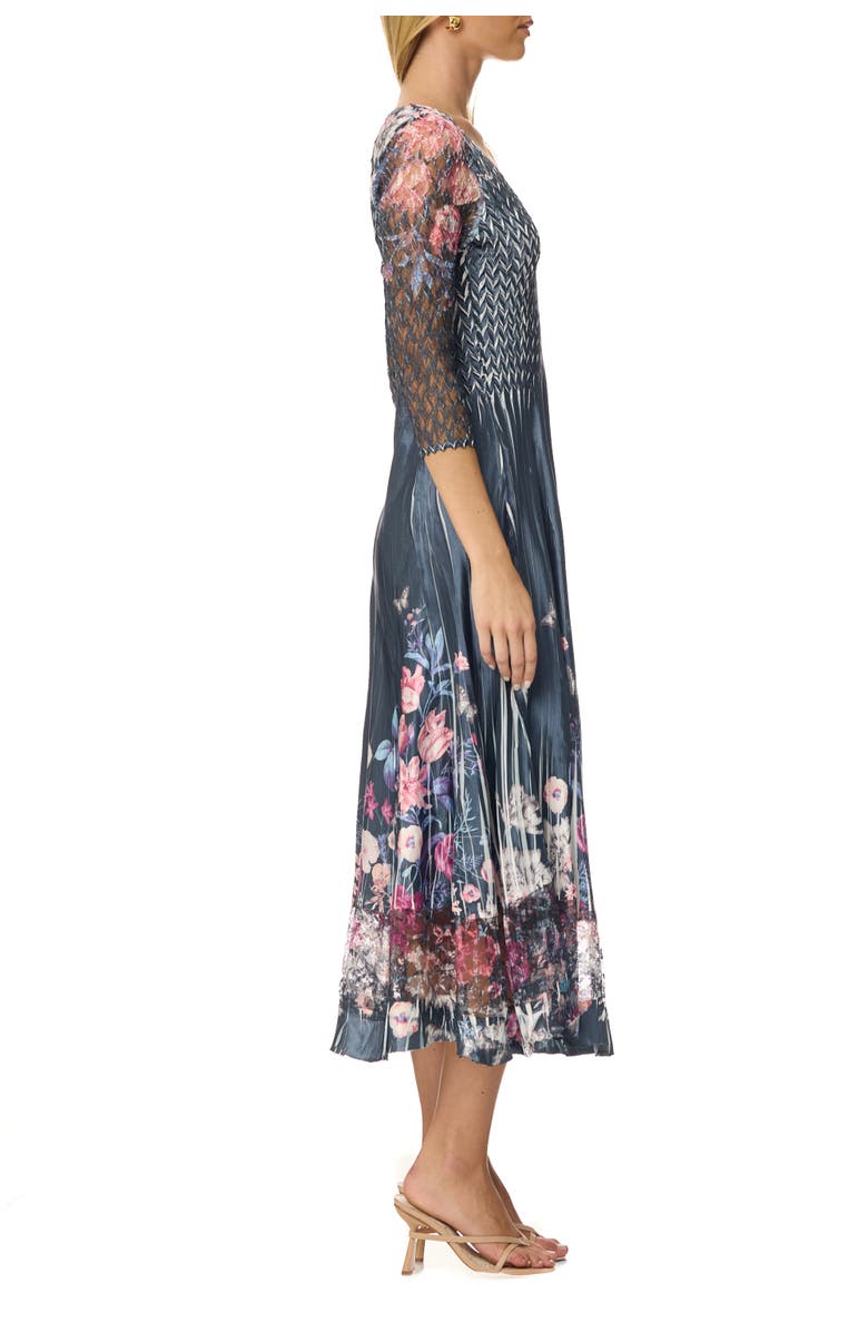 Komarov Floral Charmuese Dress with Lace Sleeves, Alternate, color, Florenza