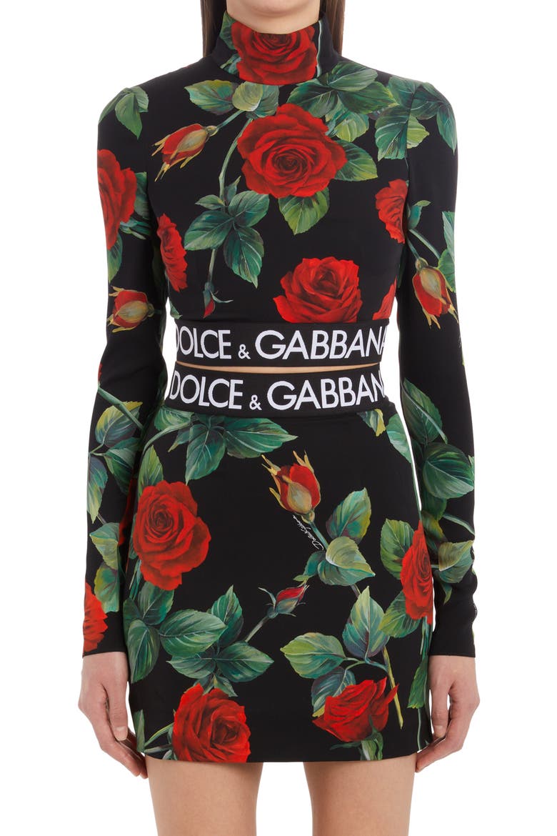 Rose Print Mock Neck Stretch Silk Crop Top, Main, color, HN2ZO ROSE FDO NERO