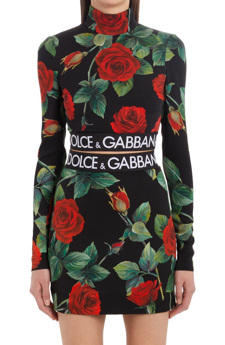 Dolce&Gabbana Rose Print Mock Neck Stretch Silk Crop Top, Main, color, 