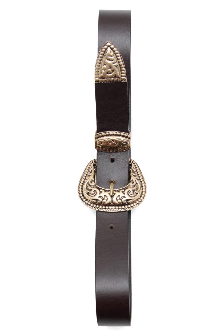 Engraved Buckle Leather Belt, Alternate, color, CHOCOLATE