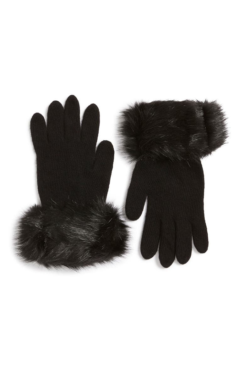 Faux Fur Trim Gloves, Main, color, BLACK MINK