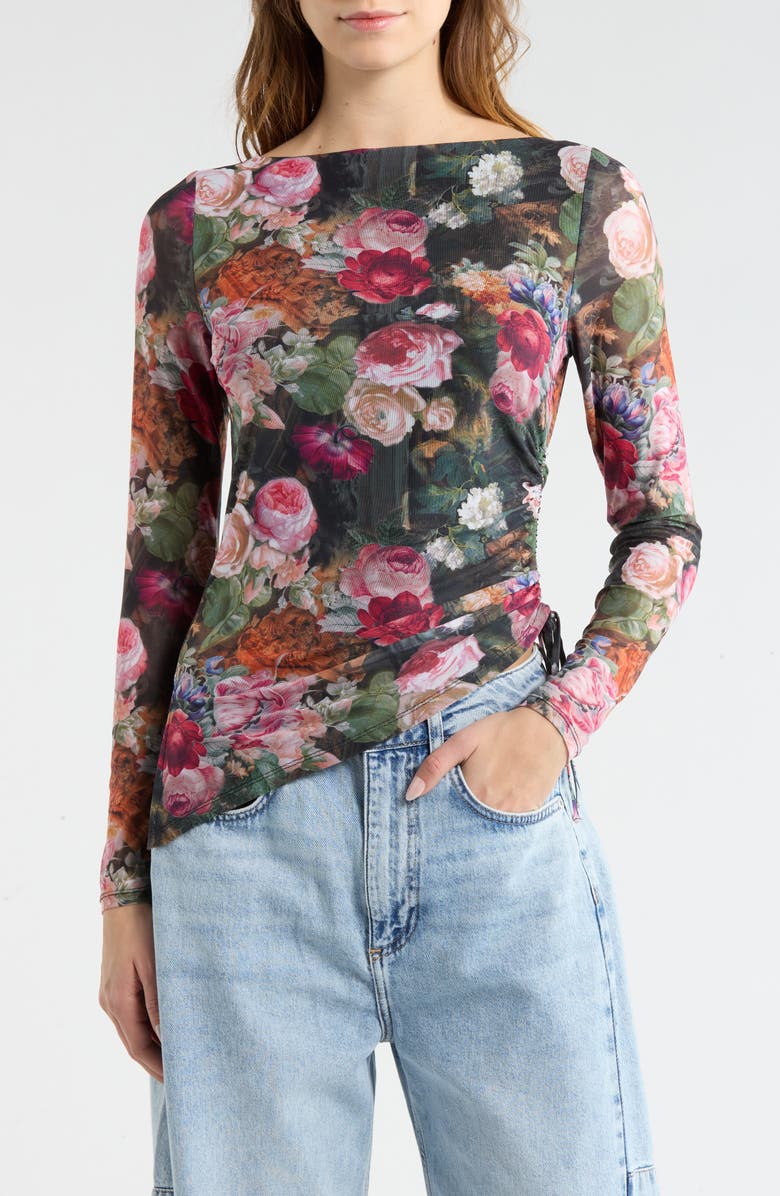 Madden Girl Boat Neck Asymmetrical Ruched Long Sleeve Top, Main, color, 