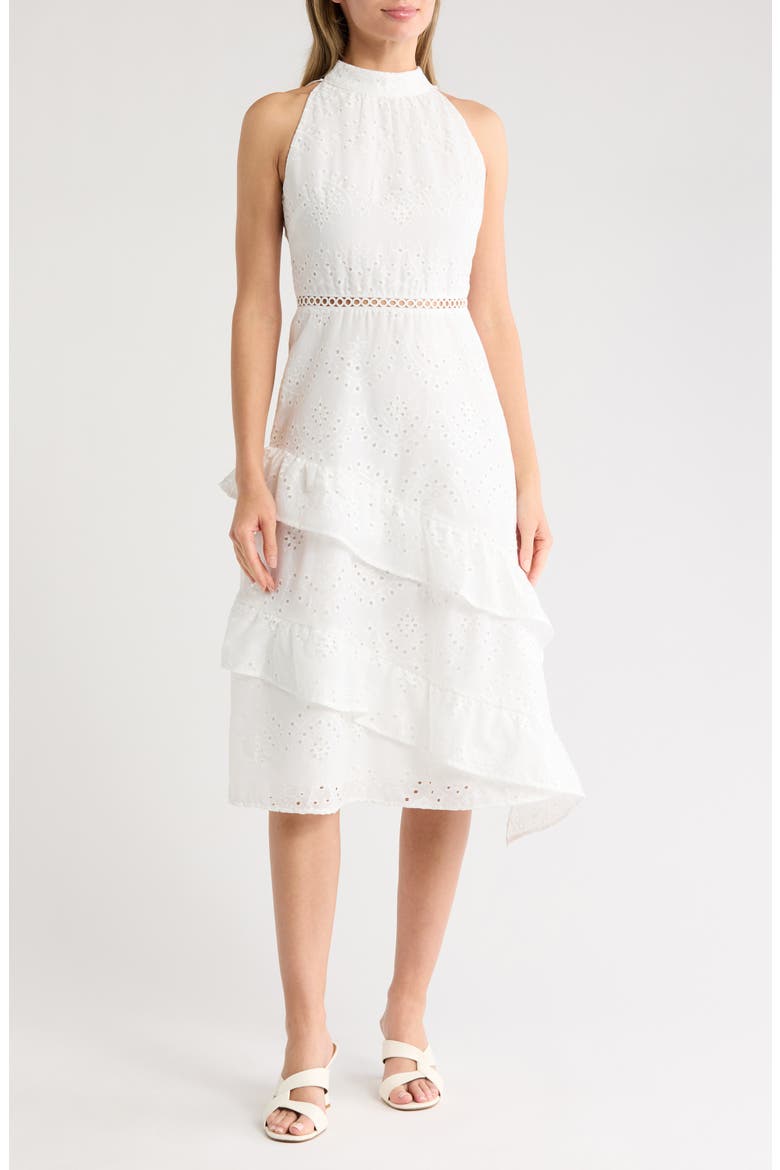 High Neck Eyelet Midi Dress, Main, color, WHITE