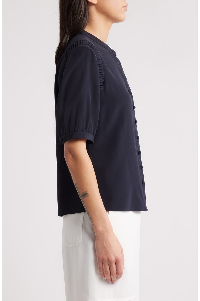The Silk Gathered Short Sleeve Button-Up Shirt, Alternate, color, NAVY