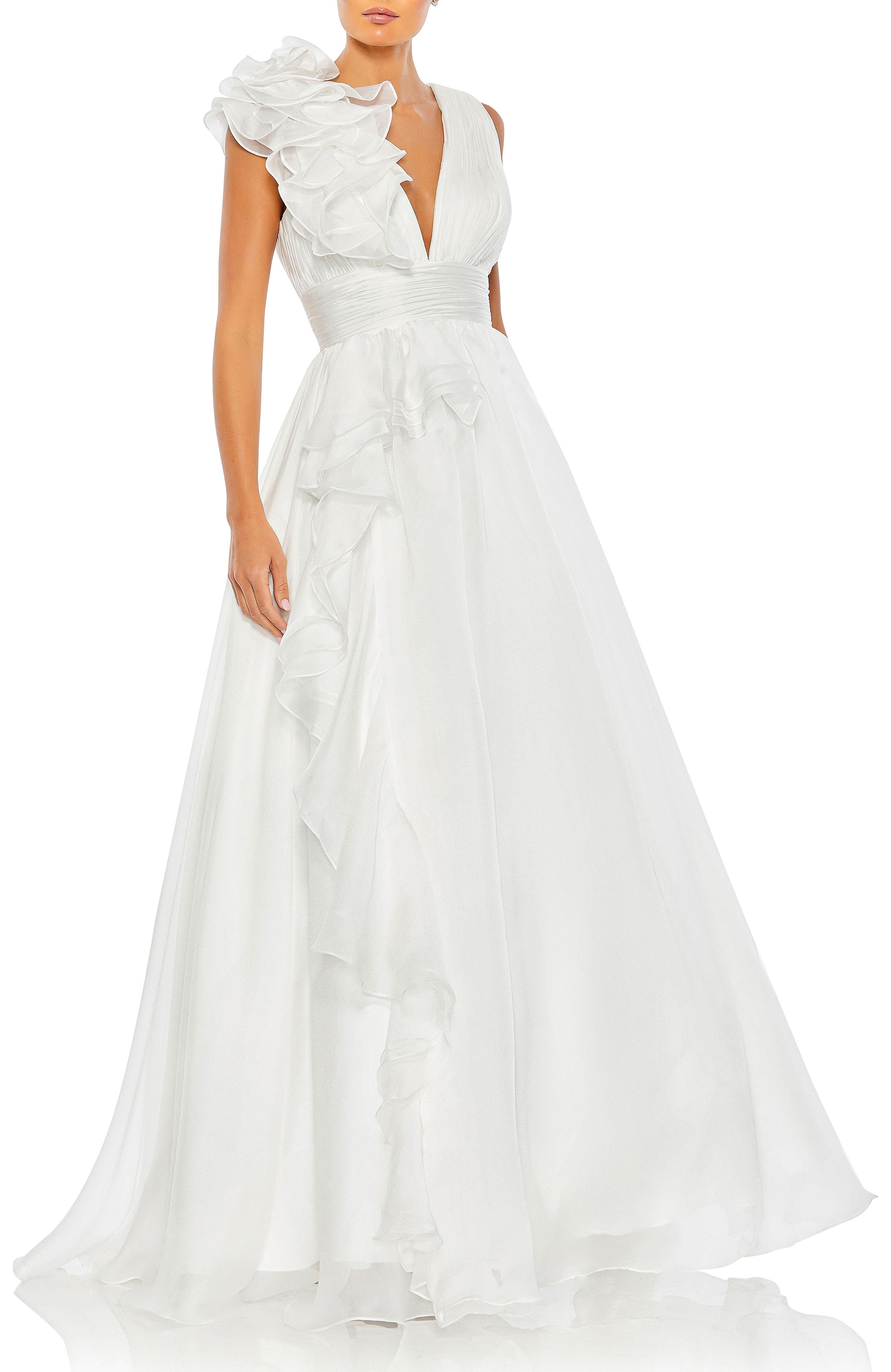 Ruffle Shoulder V-Neck Chiffon Gown - image 3