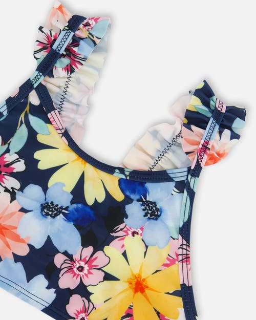 Deux Par Deux Little Girl's Printed Two-piece Swimsuit Navy And Yellow And Pink Flowers In Navy Yellow And Pink Flowers