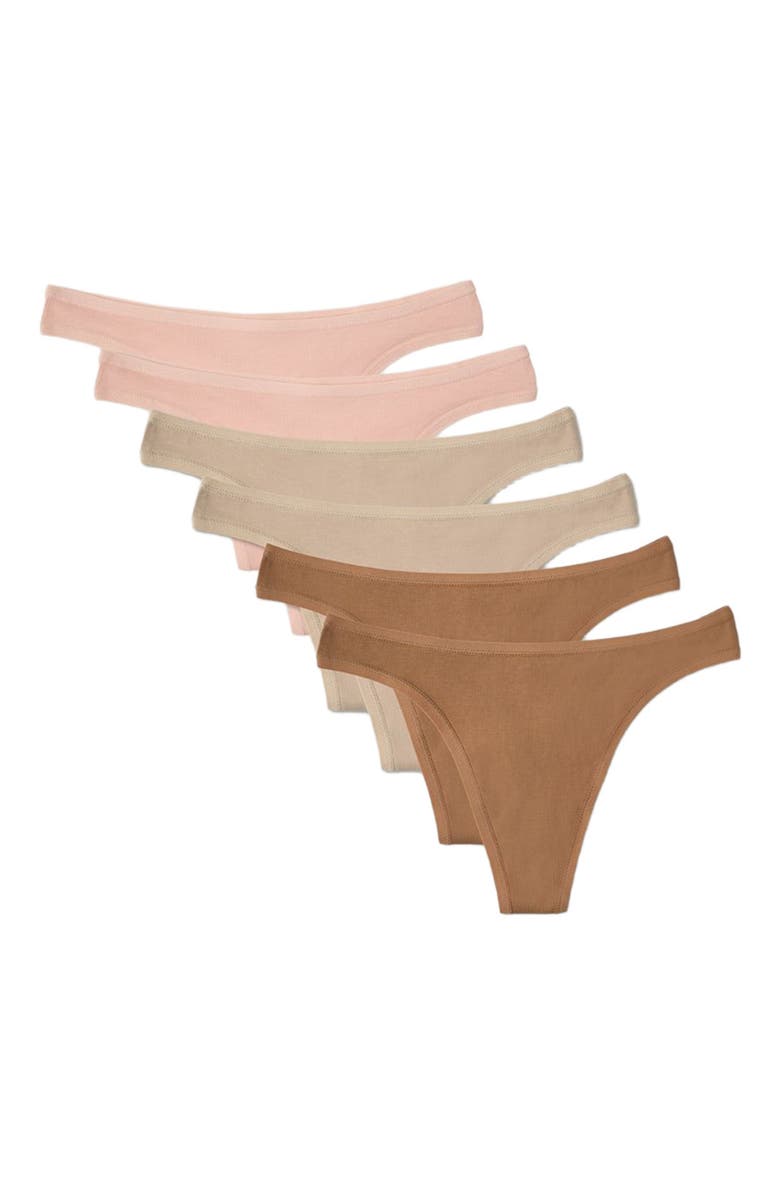 Pact Organic Cotton Everyday Mid Rise Thong 6-Pack, Alternate, color, Warm Neutrals