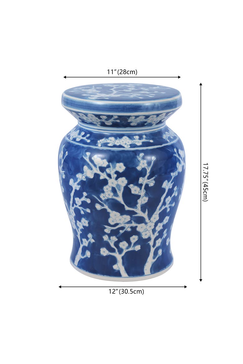 Cherry Blossom Classic Ceramic Garden Stool, Indoor Outdoor Chinoiserie Patio Side Table and Plant Stand, Alternate, color, Blue/White