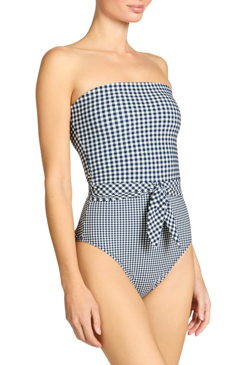 Robin Piccone Brigitte Strapless Tie Waist One-Piece Swimsuit, Alternate, color, Navy/ Cream