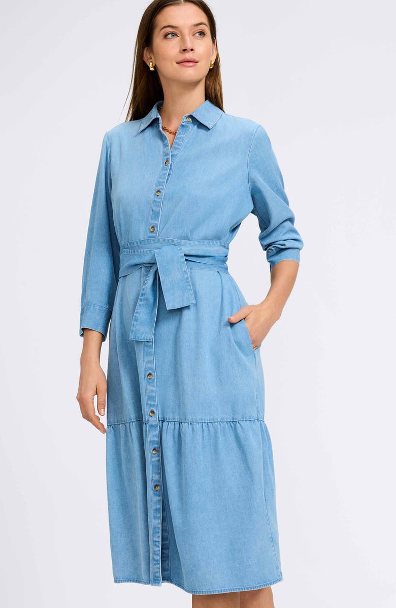 Foxcroft Ivy Long Sleeve Belted Denim Shirtdress, Alternate, color, Bleach Wash