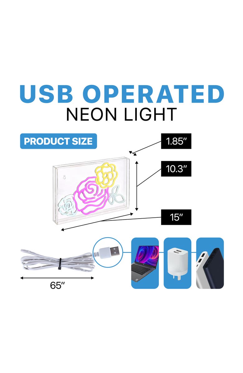 JONATHAN Y Crowd Of Roses 15" X 10.3" Contemporary Glam Acrylic Box USB Operated LED Neon Light, Pink/White/Yellow, Alternate, color, Pink/White/Yellow