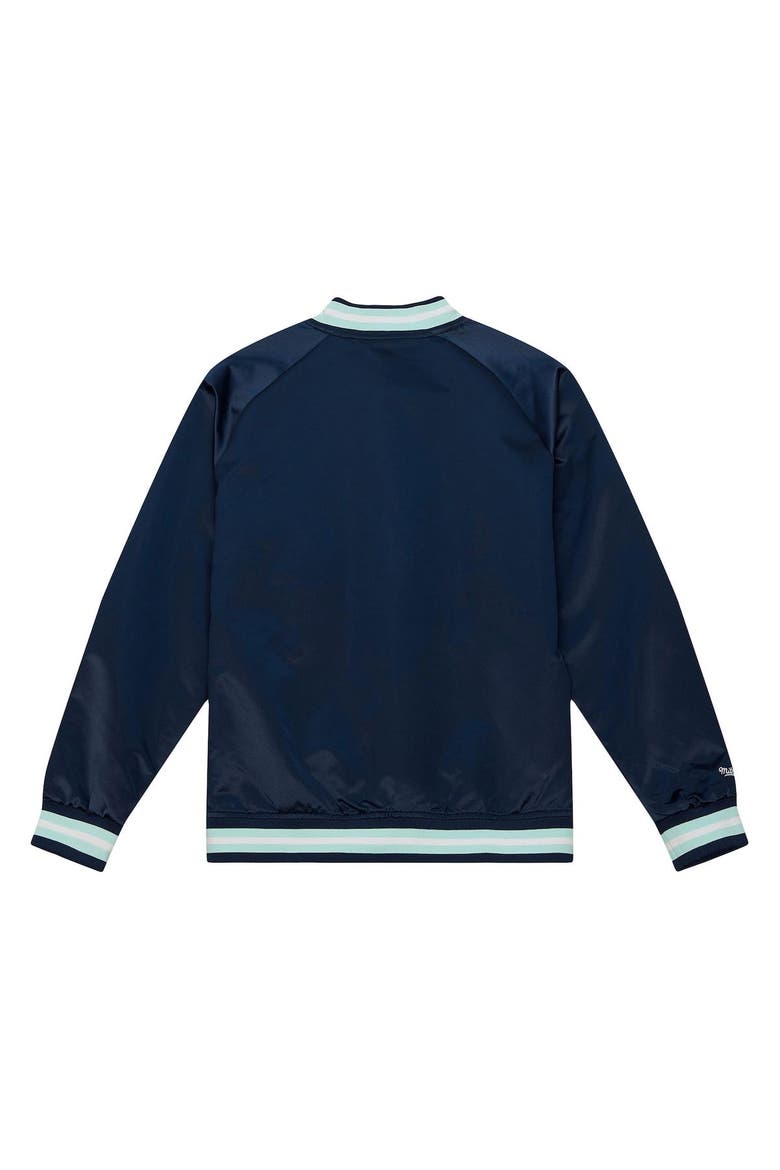 Men's Mitchell & Ness Deep Sea Blue Seattle Kraken Satin Full-Snap Raglan Varsity Jacket, Alternate, color, Navy
