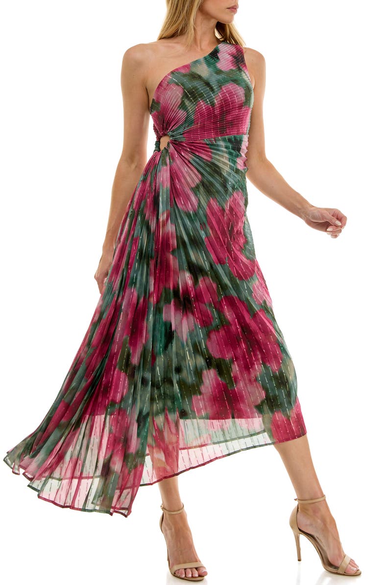 Socialite Floral Metallic Stripe One-Shoulder Pleated Dress, Alternate, color, Olive/ Magenta