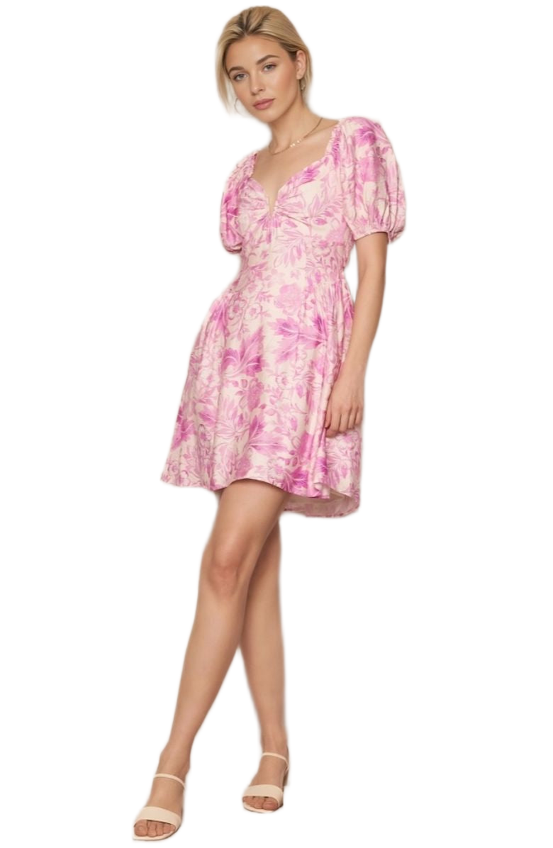 Knit and Lounge Floral Puff Sleeve Sweetheart Neckline Fitted Bodice Mini Dress, Alternate, color, 