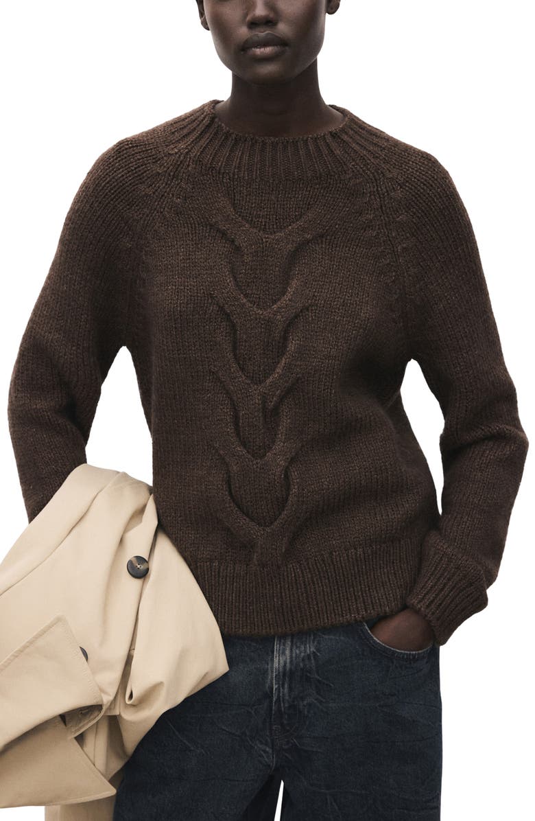 MANGO Nolita Mock Neck Cable Sweater, Main, color, Brown