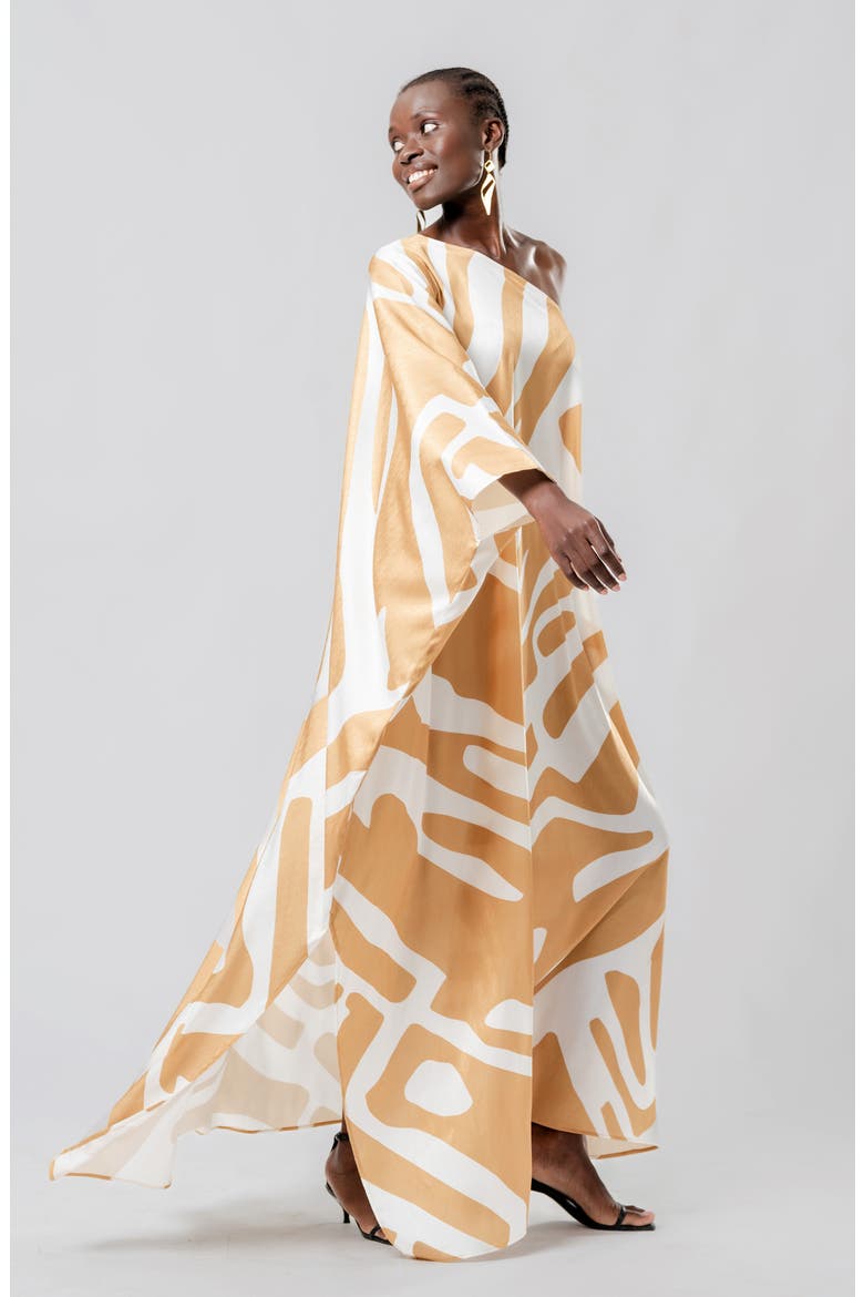 Lava Cream Satu Jacquard One-Shoulder Long Sleeve Maxi Dress, Alternate, color, BEIGE