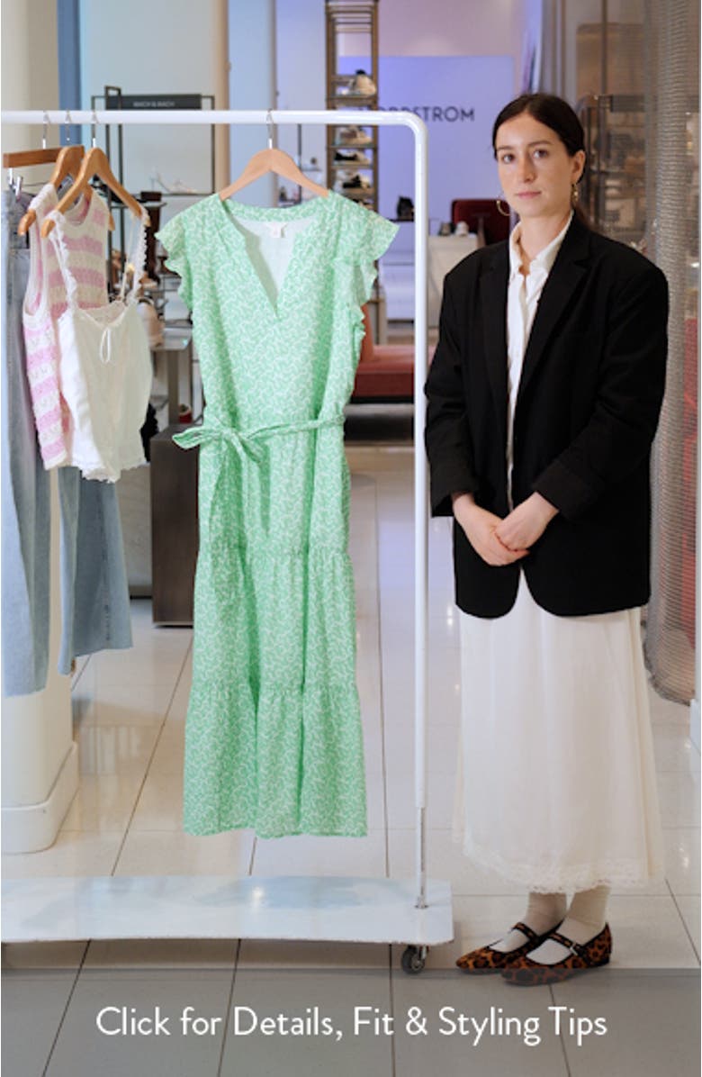 Print Ruffle Sleeve Tie Waist Midi Dress, sales video thumbnail