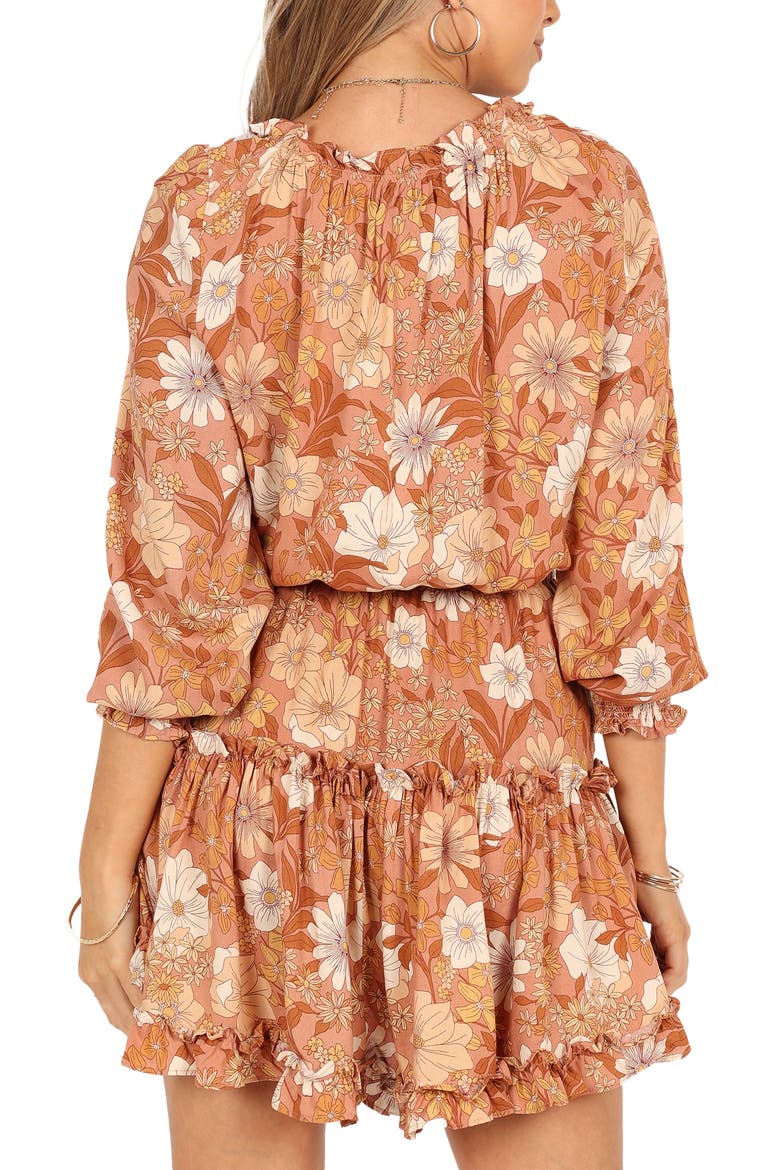 Kealan Floral Print Smocked Long Sleeve Tiered Minidress, Alternate, color, BROWN