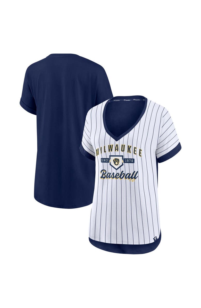 FANATICS Women's Fanatics Branded White/Navy Milwaukee Brewers Iconic Noise Factor Pinstripe V-Neck T-Shirt, Main, color,