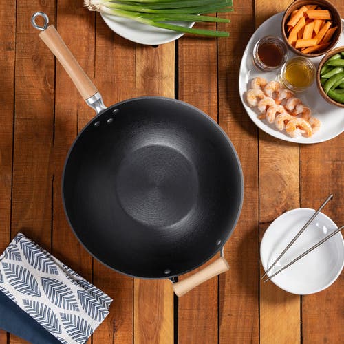 Joyce Chen Preseasoned Cast Iron Flat Bottom Wok With Maple Handle, 14-inch In Black