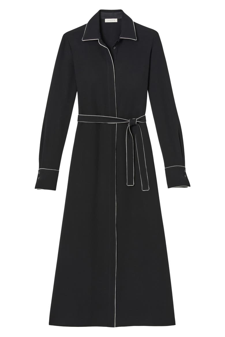 Contrast Piping Long Sleeve Finesse Crepe Belted Shirtdress, Alternate, color, BLACK