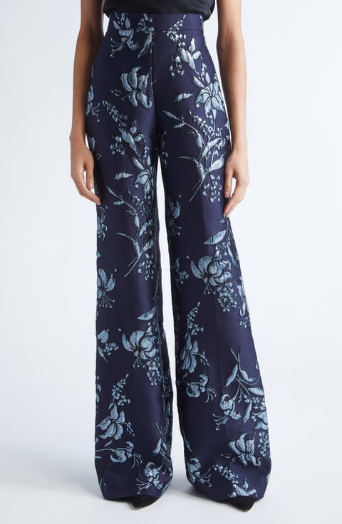 Metallic Floral Brocade Wide Leg Pants