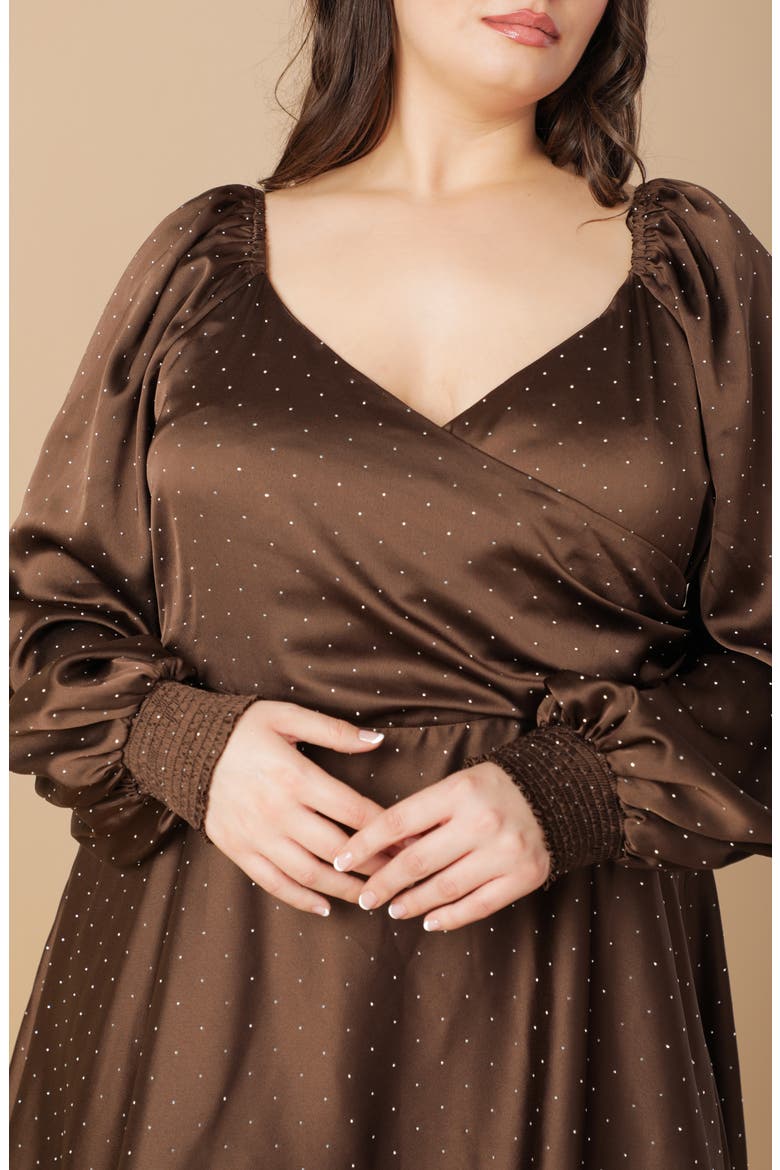 Polka Dot Long Sleeve Satin Dress, Alternate, color, BROWN