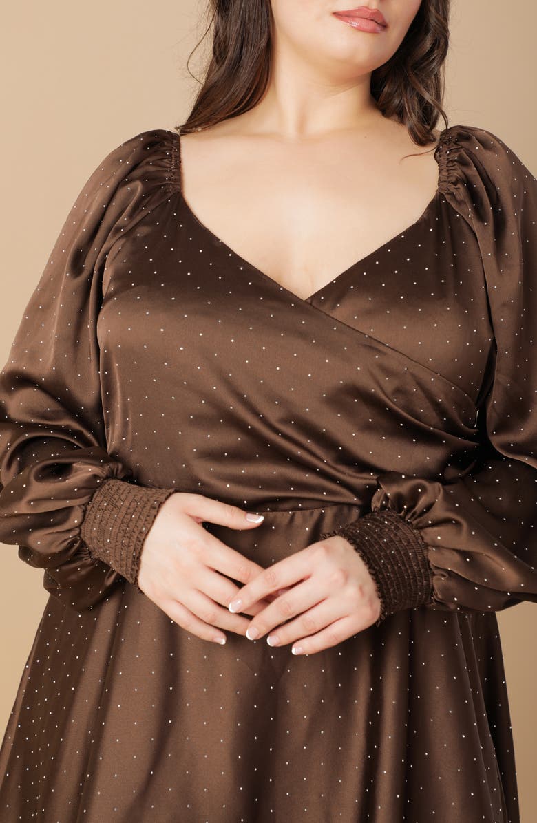 FLYING TOMATO Polka Dot Long Sleeve Satin Dress, Alternate, color, Brown