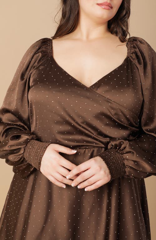 Flying Tomato Polka Dot Long Sleeve Satin Dress In Brown