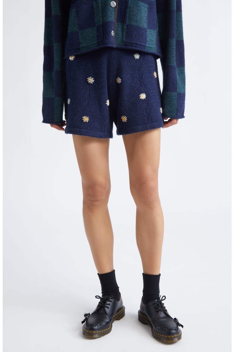Daisy Embroidered Lambswool Sweater Shorts, Main, color, NAVY