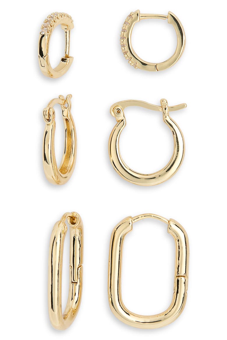 Demi Fine Set of 3 Cubic Zirconia Huggie Hoop Earrings, Main, color, CLEAR- GOLD