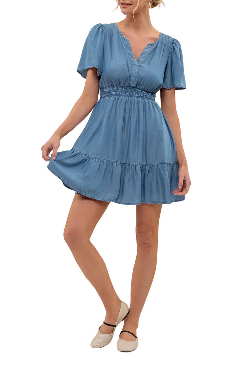 Blu Pepper Chambray Tiered Flutter Sleeve Dress, Main, color,