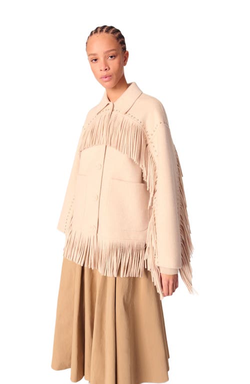 Maje Double-breasted Fringed Coat In Beige