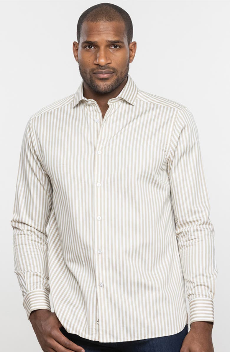 Luchiano Visconti Awning Stripe Long Sleeve Shirt, Main, color, Taupe