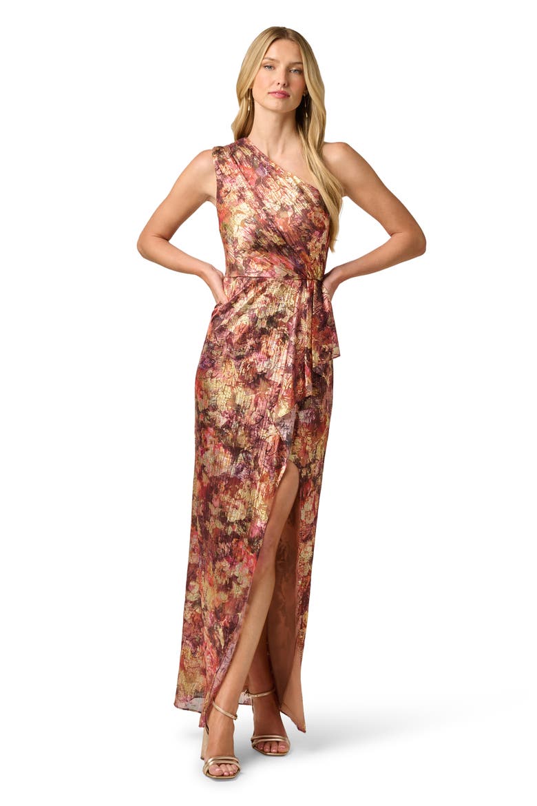 Metallic Floral One-Shoulder Chiffon Gown, Alternate, color, GOLD MULTI
